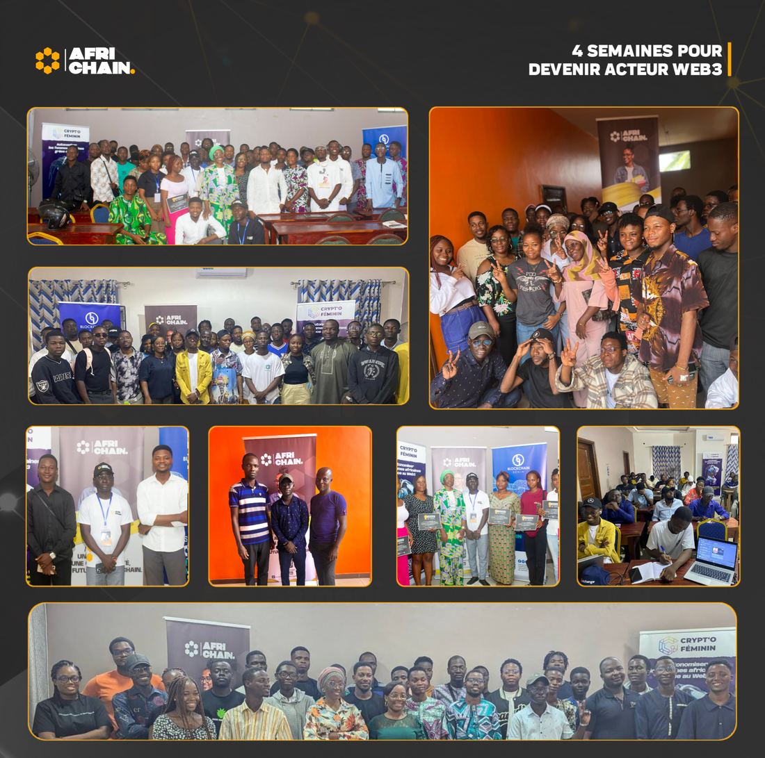 Résumé visuel de la Cohorte 1 AfriChain Talent — 4 semaines pour devenir acteur Web3, photos des sessions, remises de certificats et photo de groupe